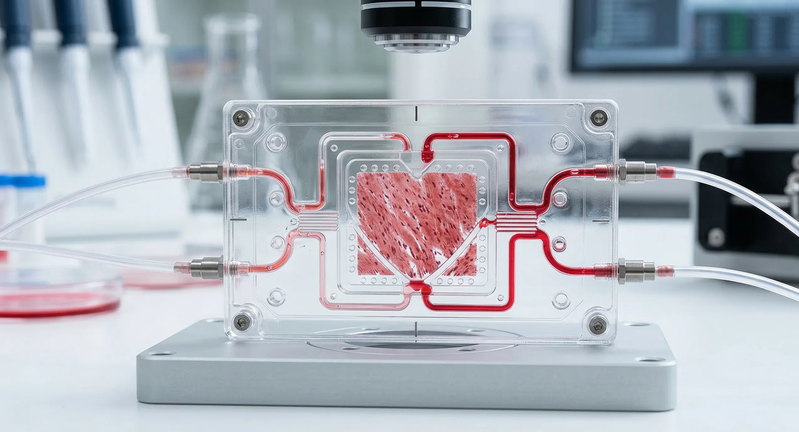Heart-on-a-chip device with engineered cardiac tissue and microfluidic channels