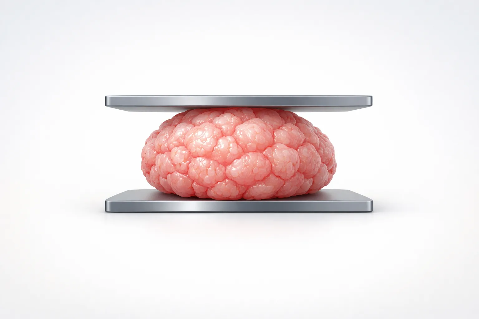 A depiction of a cancer tumor growth being compressed between two plates during mechanical testing
