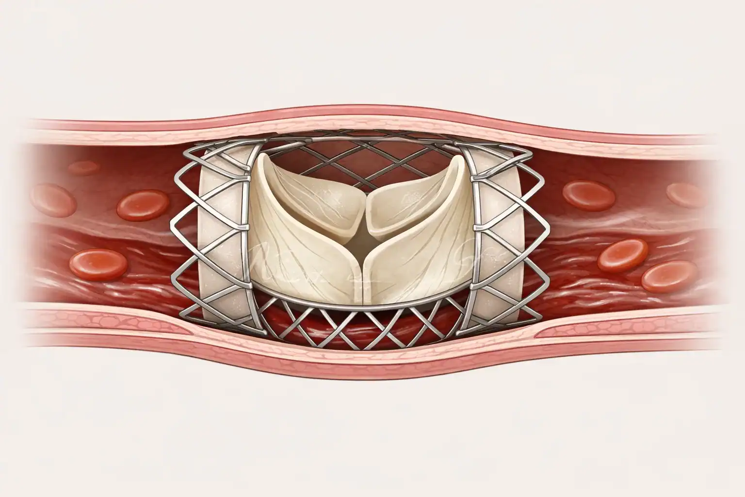 Cross-sectional illustration of a miniaturized heart valve inside a stent within a small-diameter blood vessel.