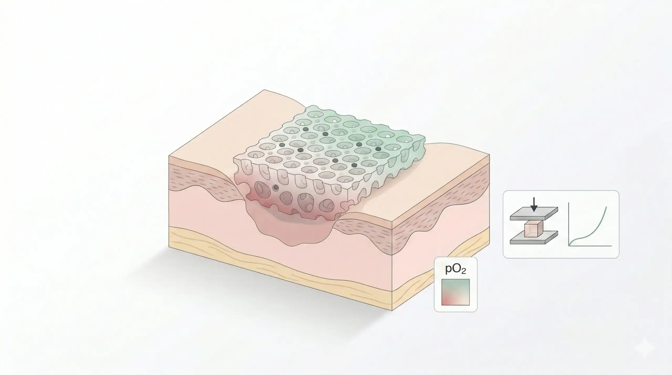 Isometric cutaway of skin showing a porous 3D printed ECM hydrogel graft seated in a wound cavity with embedded microsensor beads, a pO2 oxygen gradient, and a small compression-testing icon with a stress-strain curve.