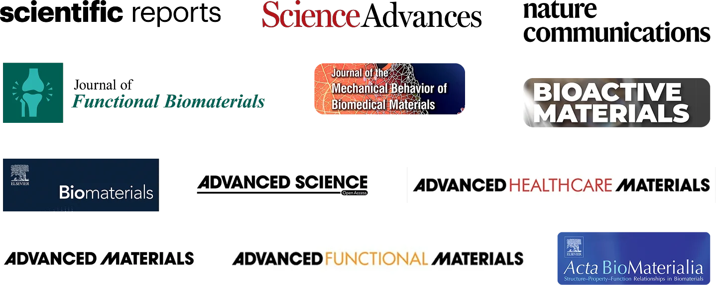 Collage of journal logos representing biomaterials research publications where CellScale instruments were used