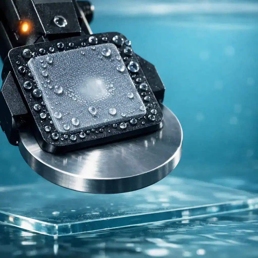 Switchable underwater adhesion shown as a microtextured polymer patch on a robotic gripper lifting a metal disk underwater, with water beading around the pad.