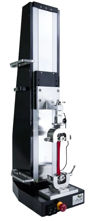 The Univert 1kN uniaxial mechanical testing system setup for tensile testing with high force grips