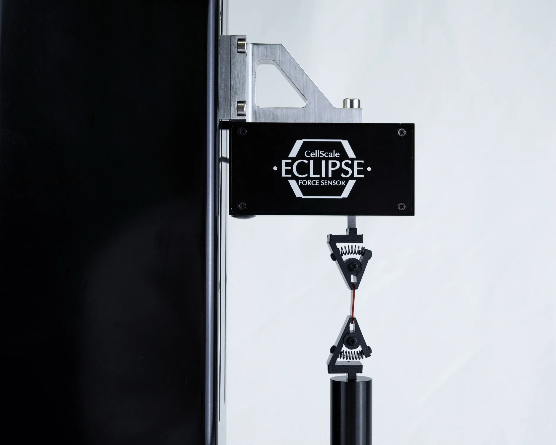 The Eclipse ultra-low force sensor setup on the UniVert for tension testing, side view