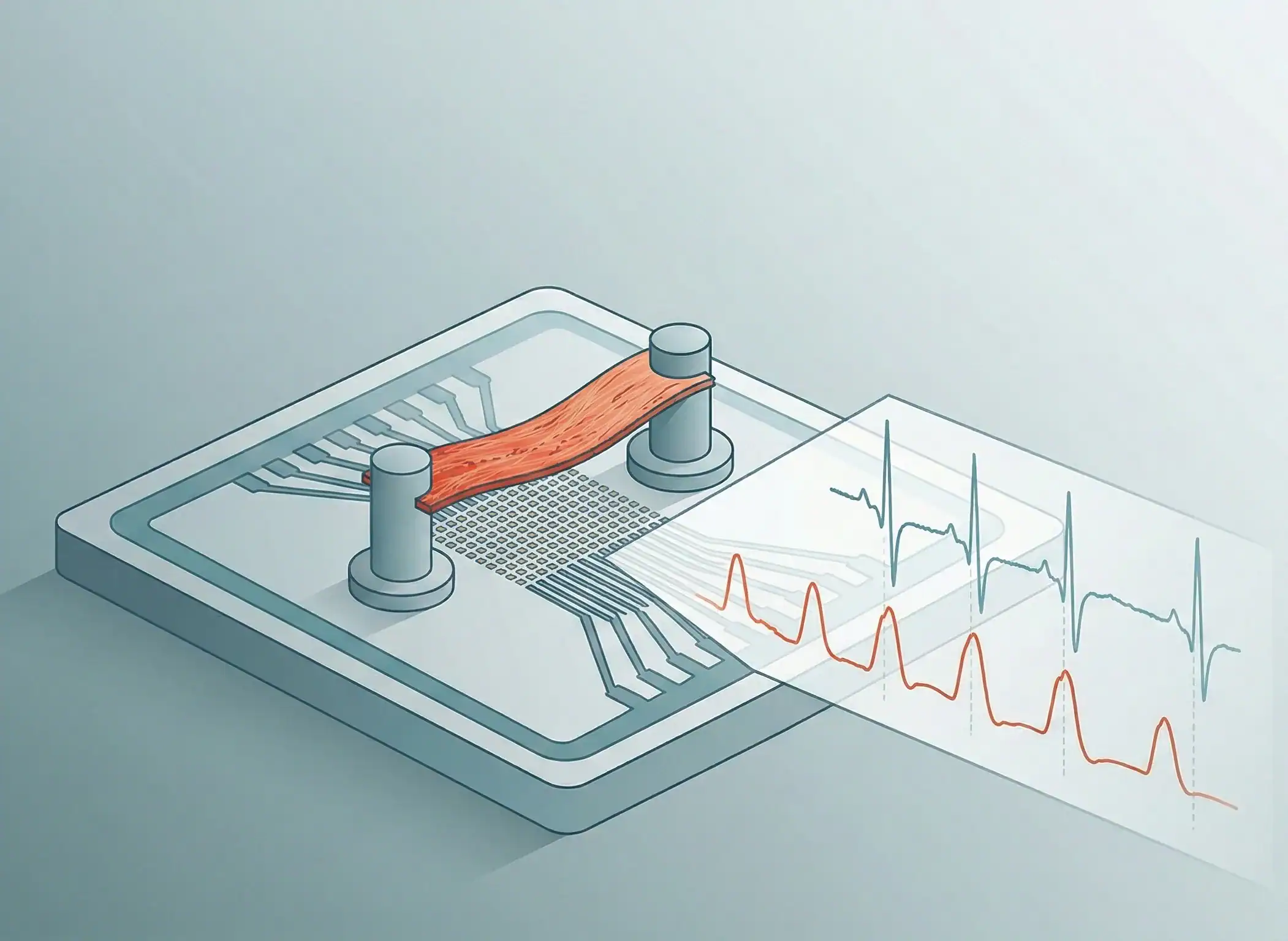 MEA contractility assay illustration showing an MEA chip with an engineered heart tissue strip over an electrode grid, with synchronized electrical and contraction force waveforms.