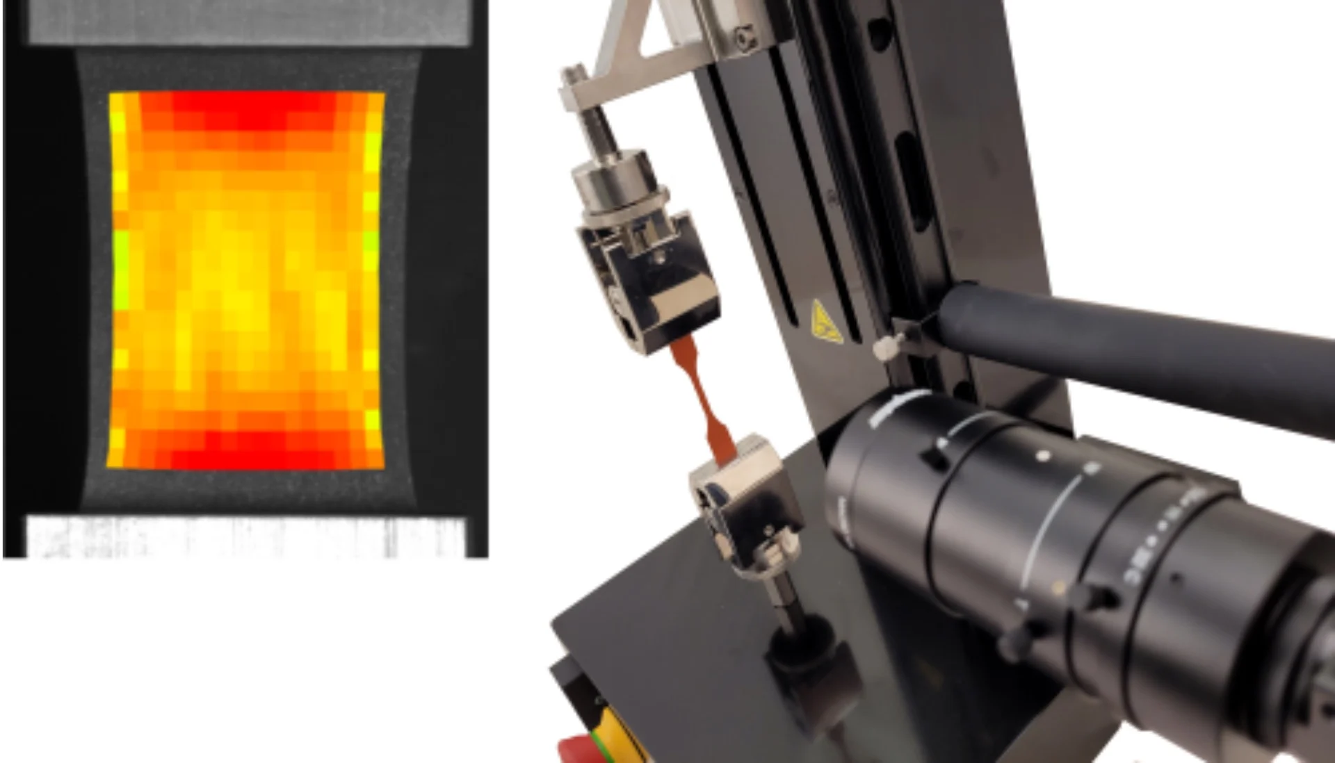 An image composite of a tensile test on the UniVert with strain mapping in real time