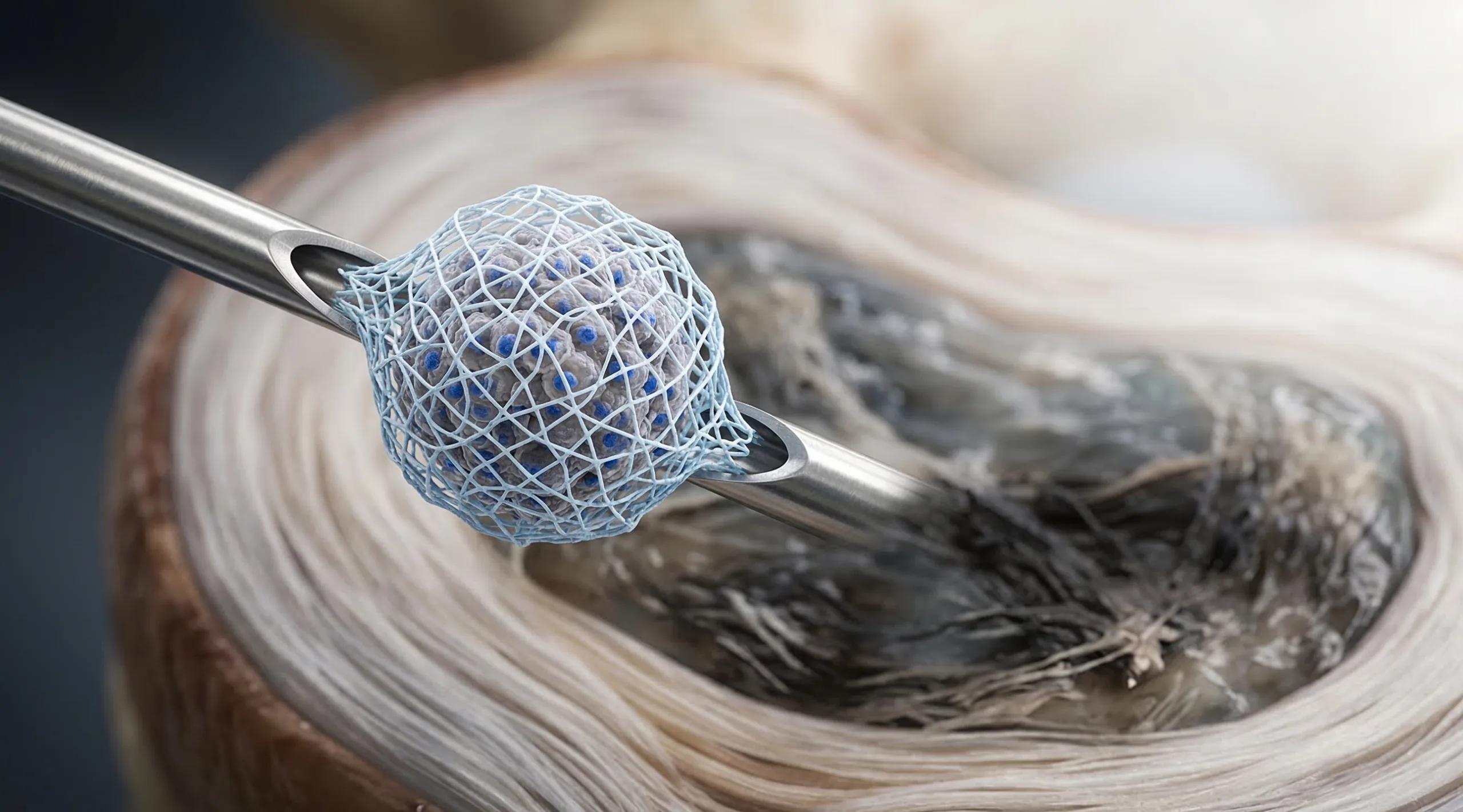 Injectable scaffolded spheroid at the tip of a needle above intervertebral disc tissue, illustrating nucleus pulposus regeneration with a 3D printed microscaffold-supported cell construct.