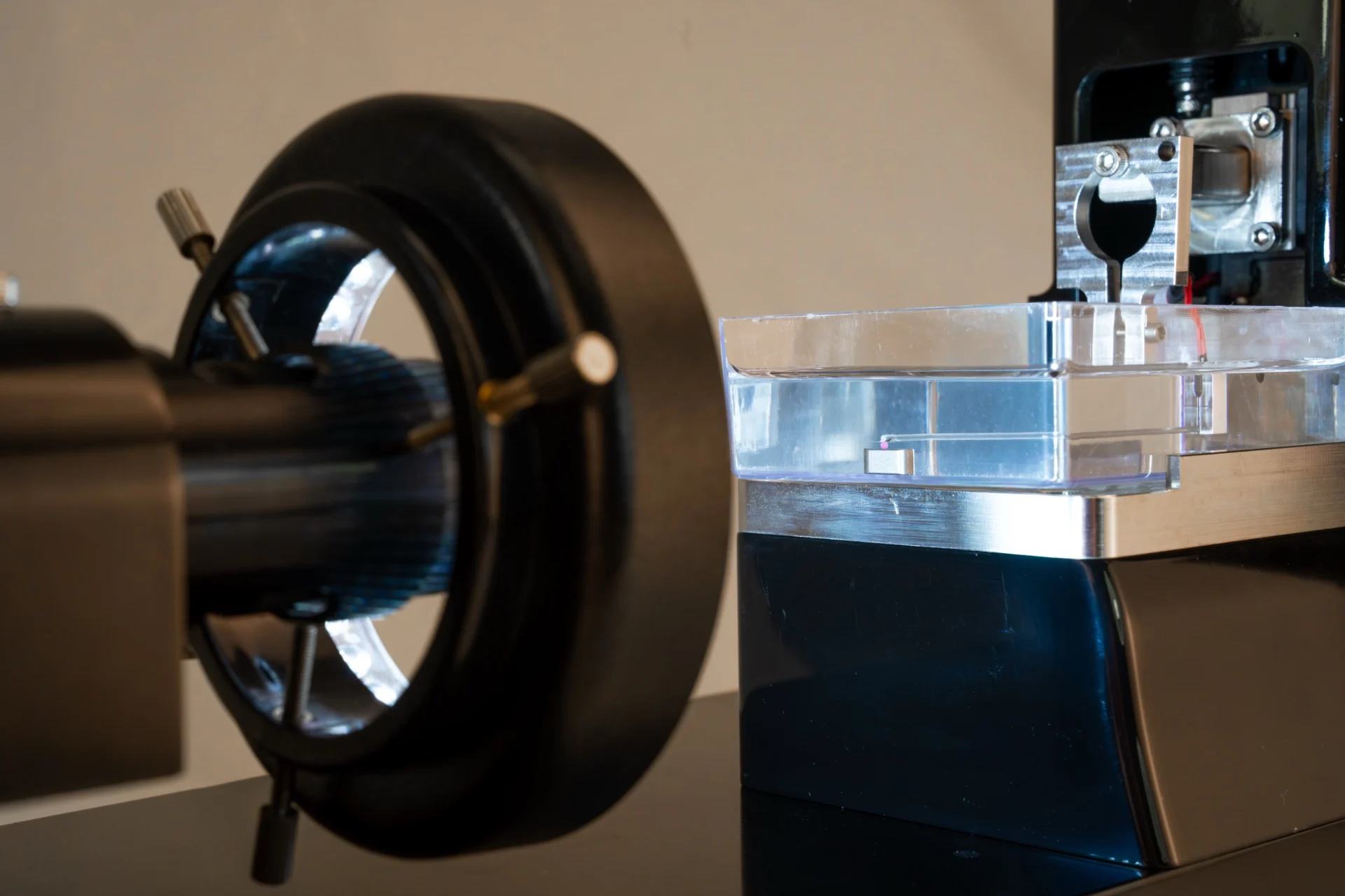 A closeup of a sample mounted on the MicroTester with camera in view