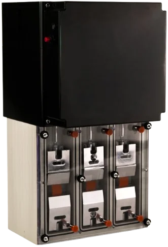 The MechanoCulture J1 cyclic strain bioreactor closeup front view with samples mounted on grips