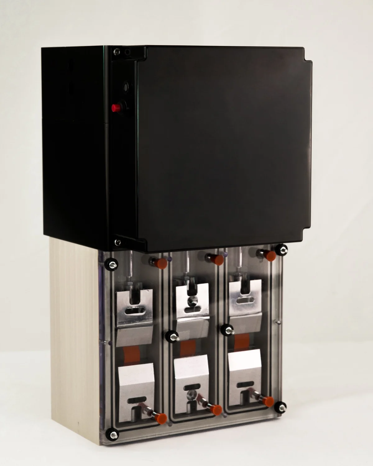 The MechanoCulture J1 bioreactor, viewed from the front with samples mounted in grips
