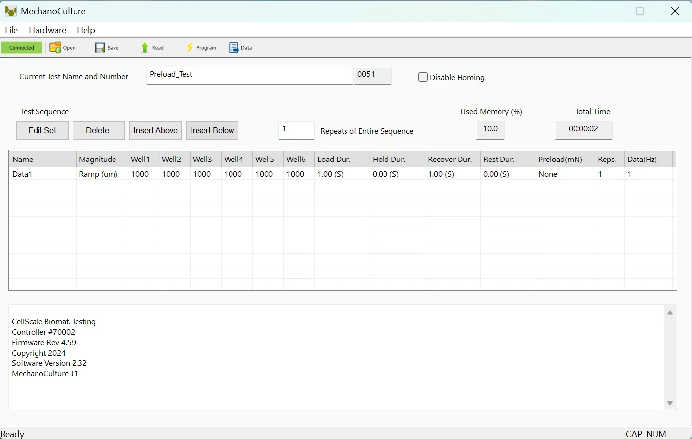 A screenshot of the MechanoCulture J1 software