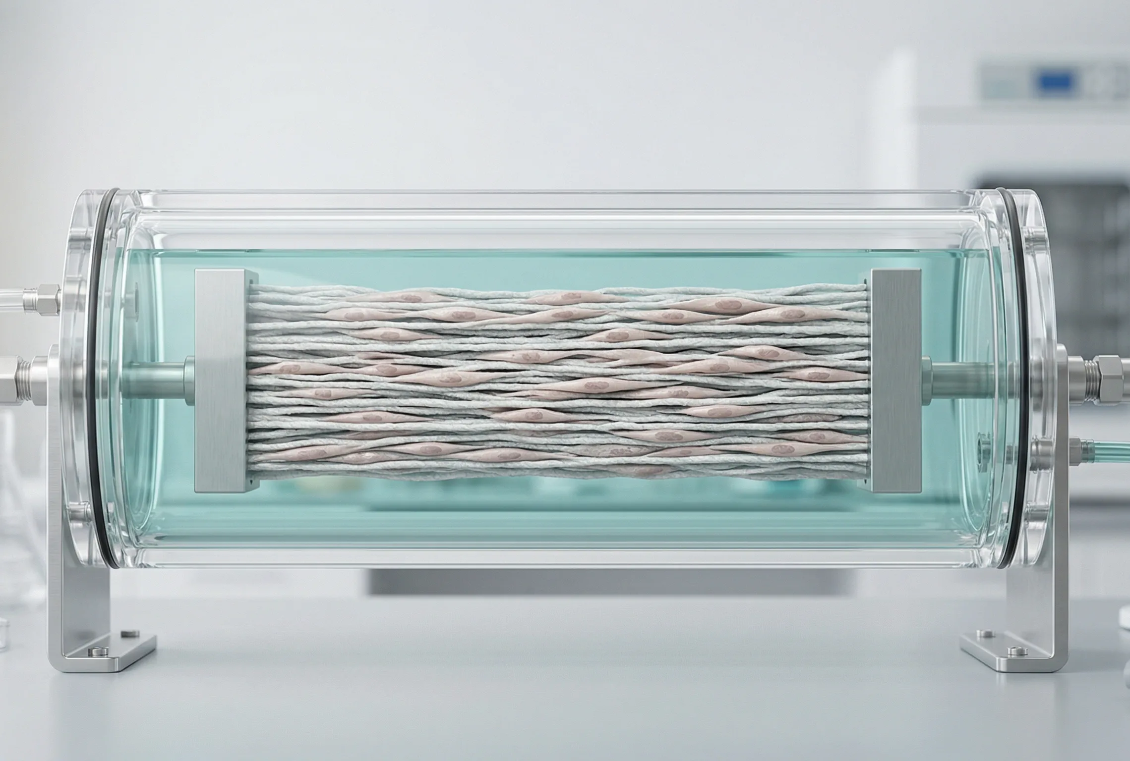 Transparent bioreactor chamber holding an aligned electrospun tendon scaffold with elongated cells oriented along the fibre direction, illustrating mechanical stimulation in tendon tissue engineering in a research lab.