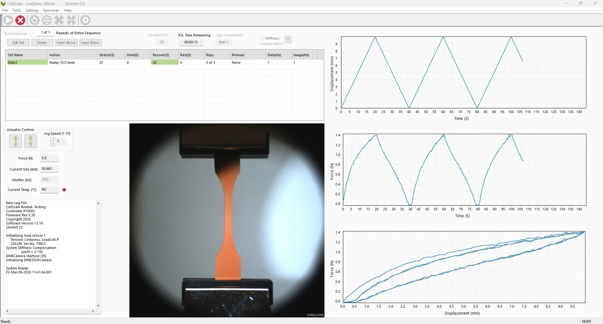 UniVert Data Analysis software with UniVert viscoelastic testing data, image, and graphs