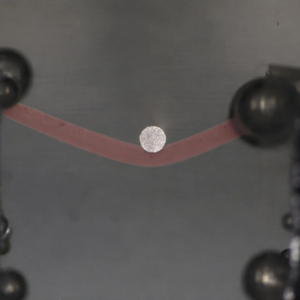 A thin red filament undergoing 3-point tension testing on the MicroTester