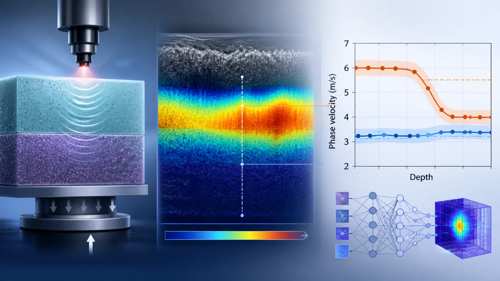 Featured illustration showing a layered tissue phantom under compression, an elastography heatmap, a phase velocity versus depth graph, and an AI neural network used to support depth-resolved stiffness analysis.