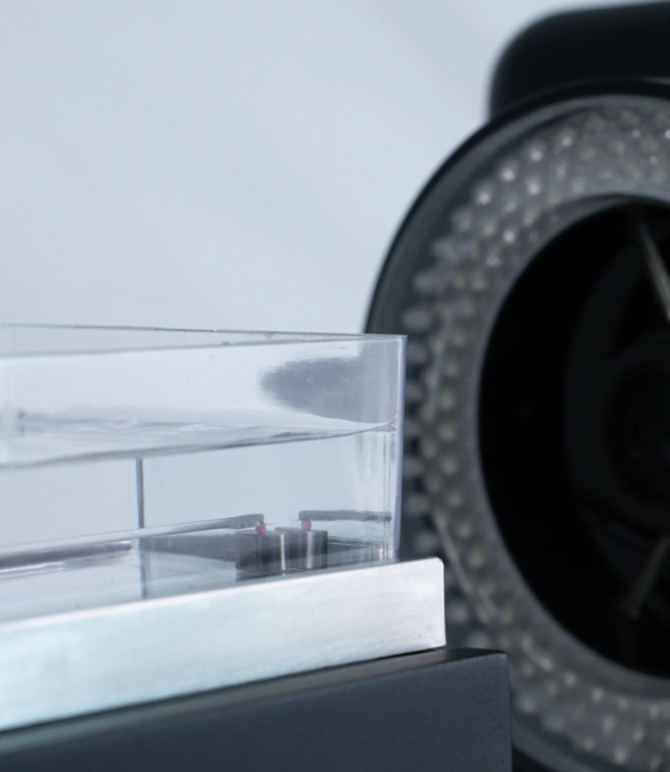 A closeup of a microbeam and platen compressing a sample for micro mechanical testing on the MicroTester