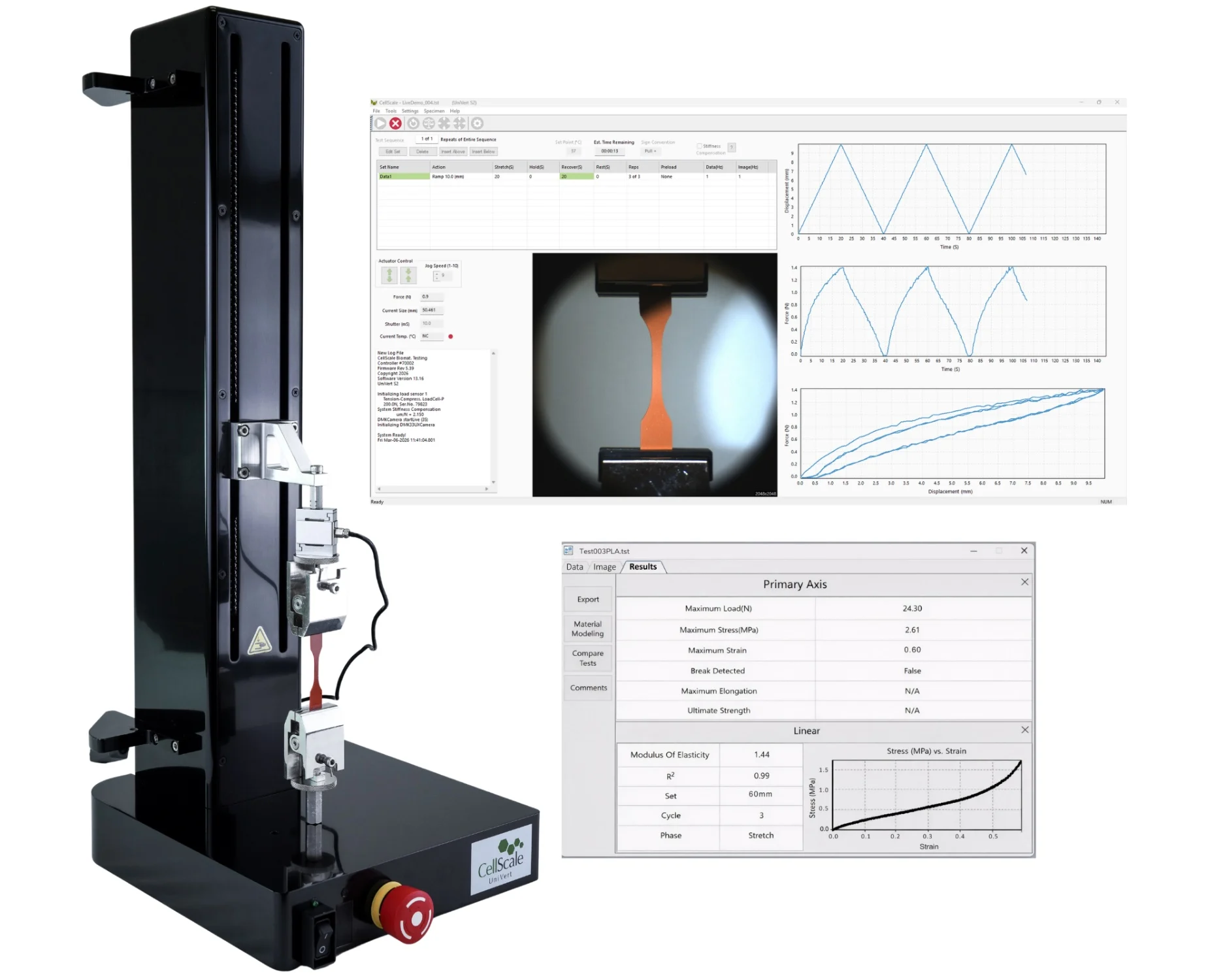 Mechanical testing data analysis screenshot and UniVert tension testing example