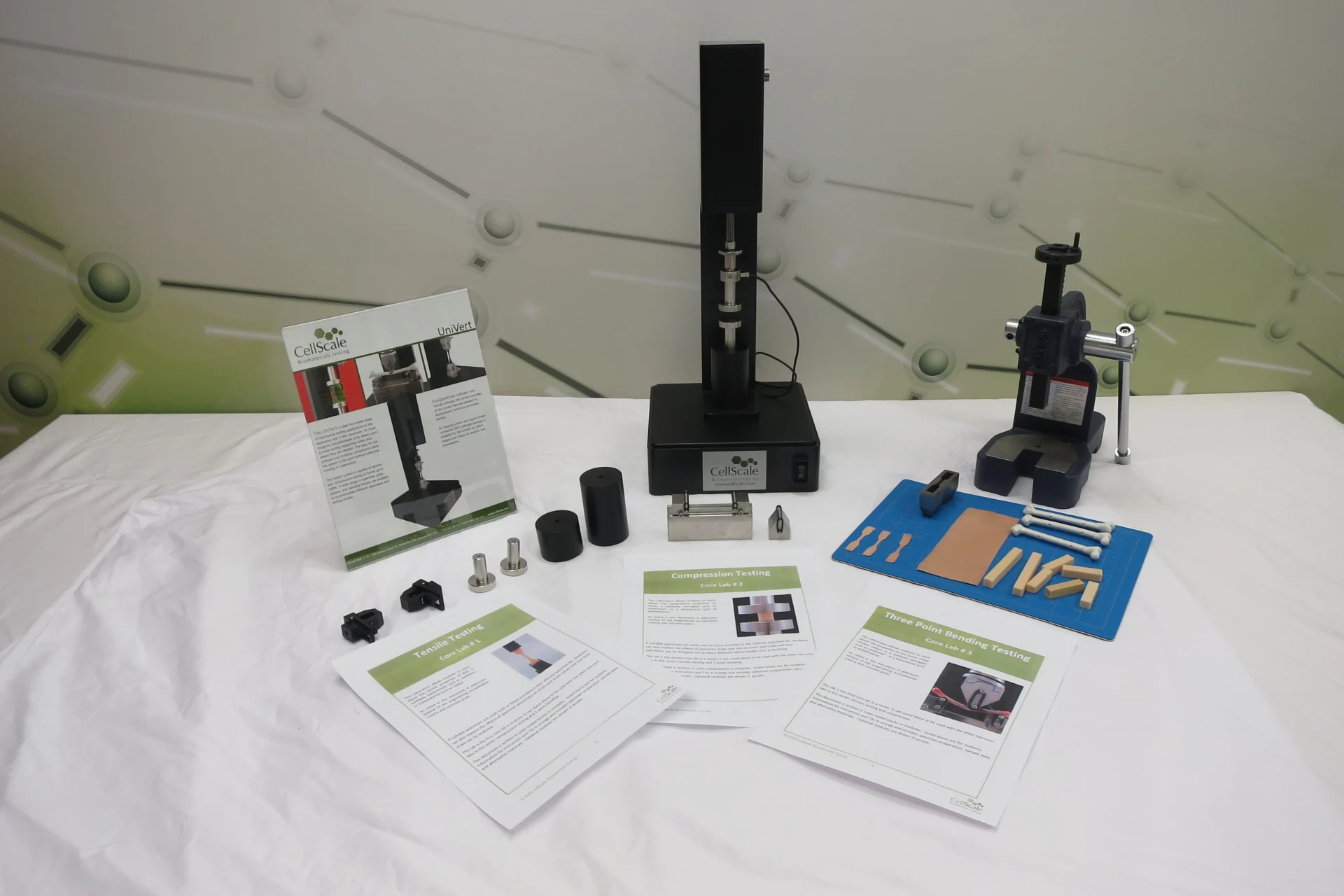 A view of all the components included in the UniVert mechanical testing lab kit