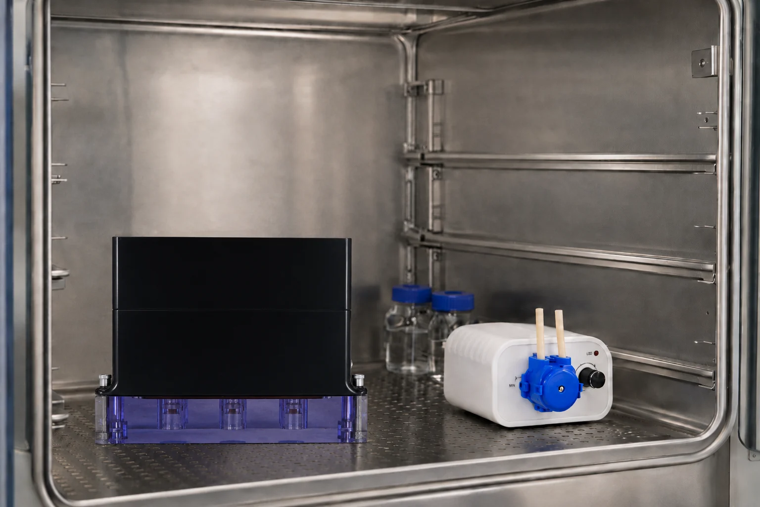 The MCTX mechanical stimulation bioreactor in an incubator with a cooling pump