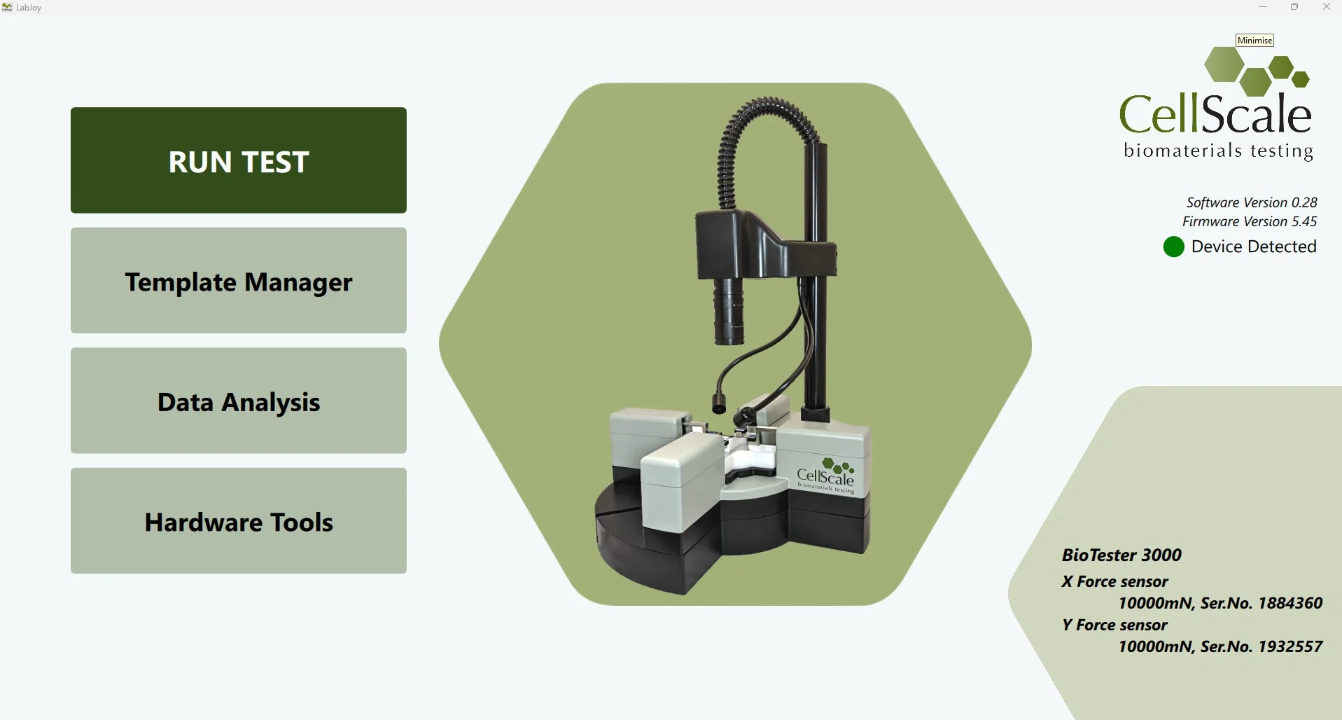 A screenshot of the LabJoy software main screen with BioTester 3000