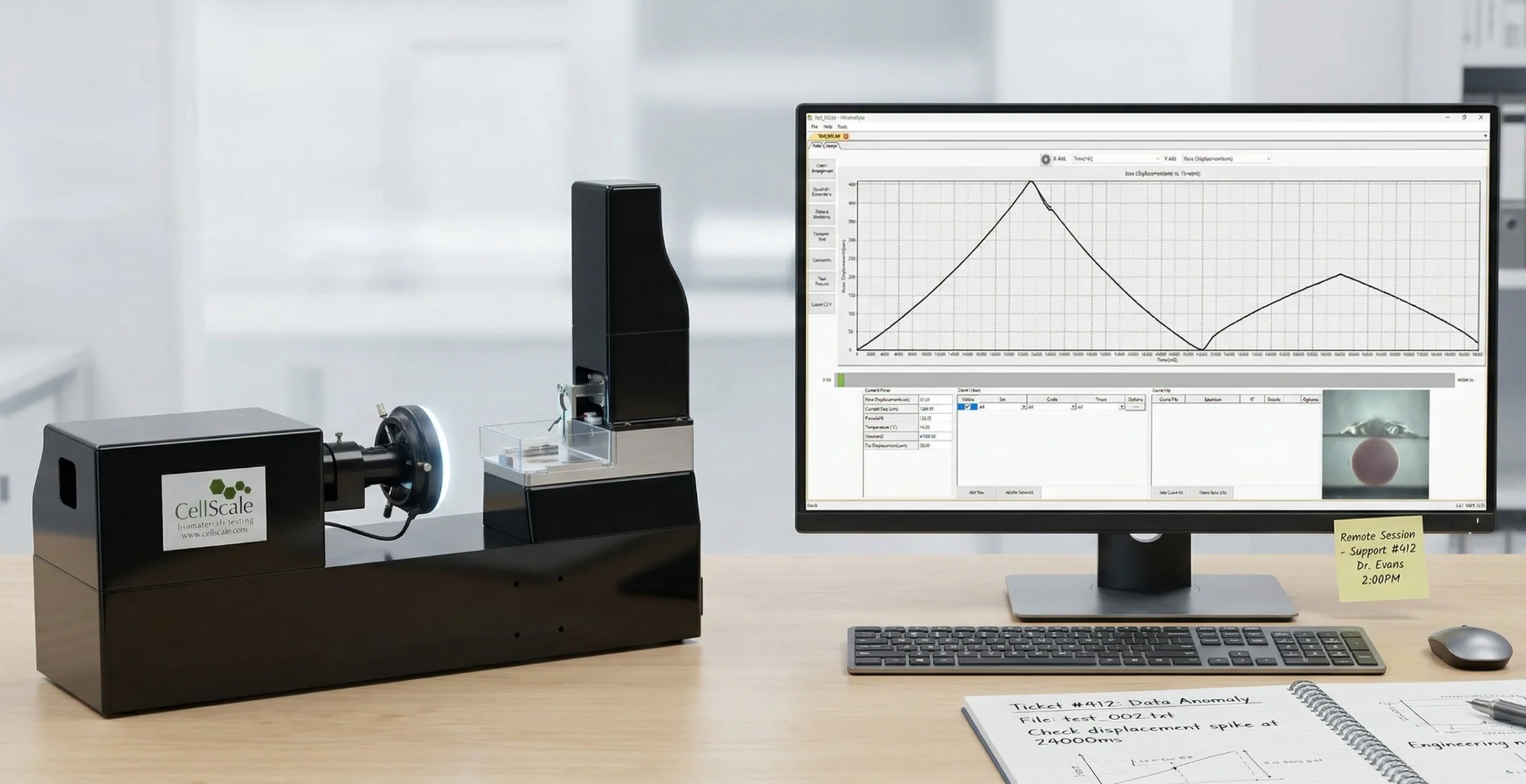 MicroTester on the benchtop with data analysis software open on the monitor