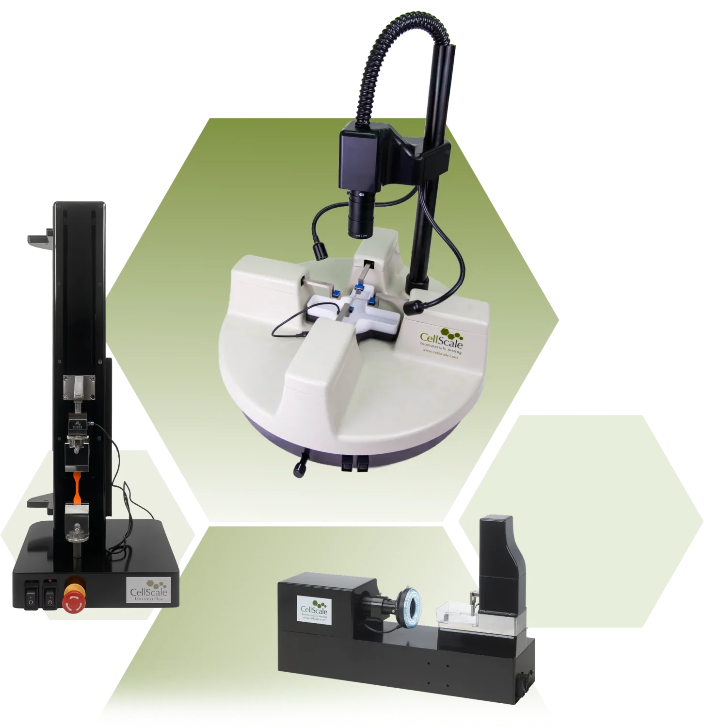 A photo of the three biomaterials testing instruments and mechanical testers - BioTester, UniVert, and MicroTester