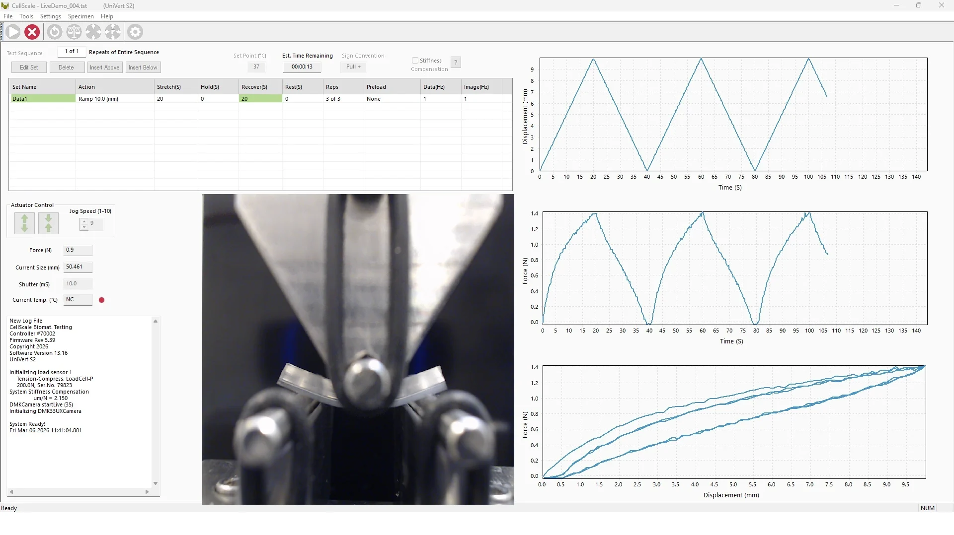 Screenshot of a bending test data capture on the UnIVert