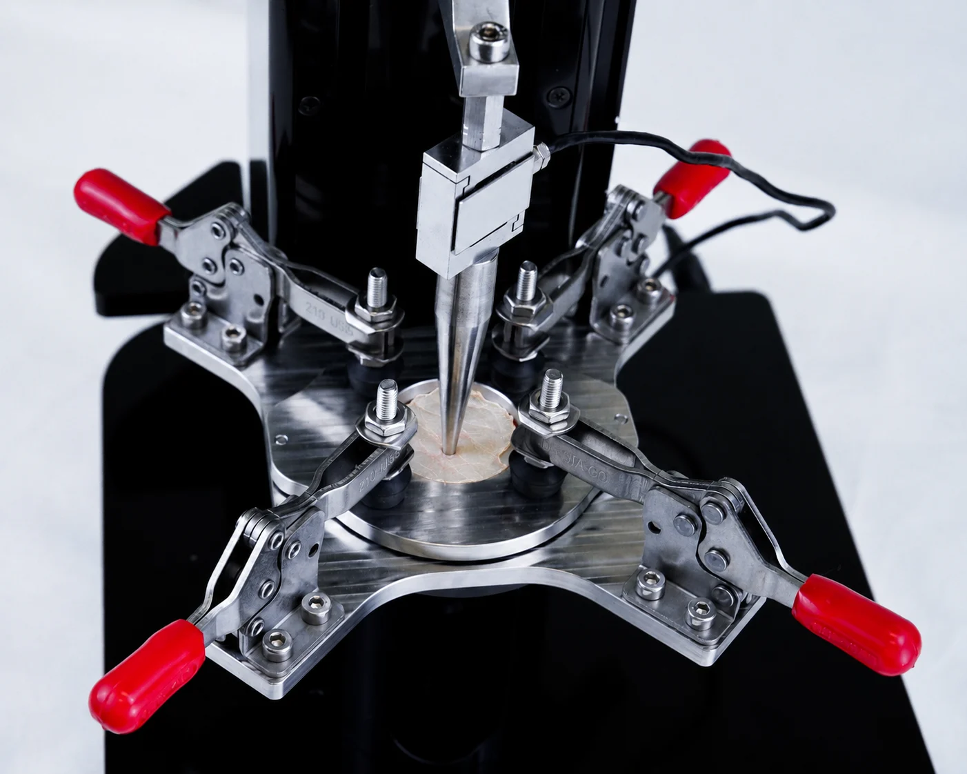 An amniotic membrane sample being puncture tested on the UniVert for fetal membrane biomechanics research