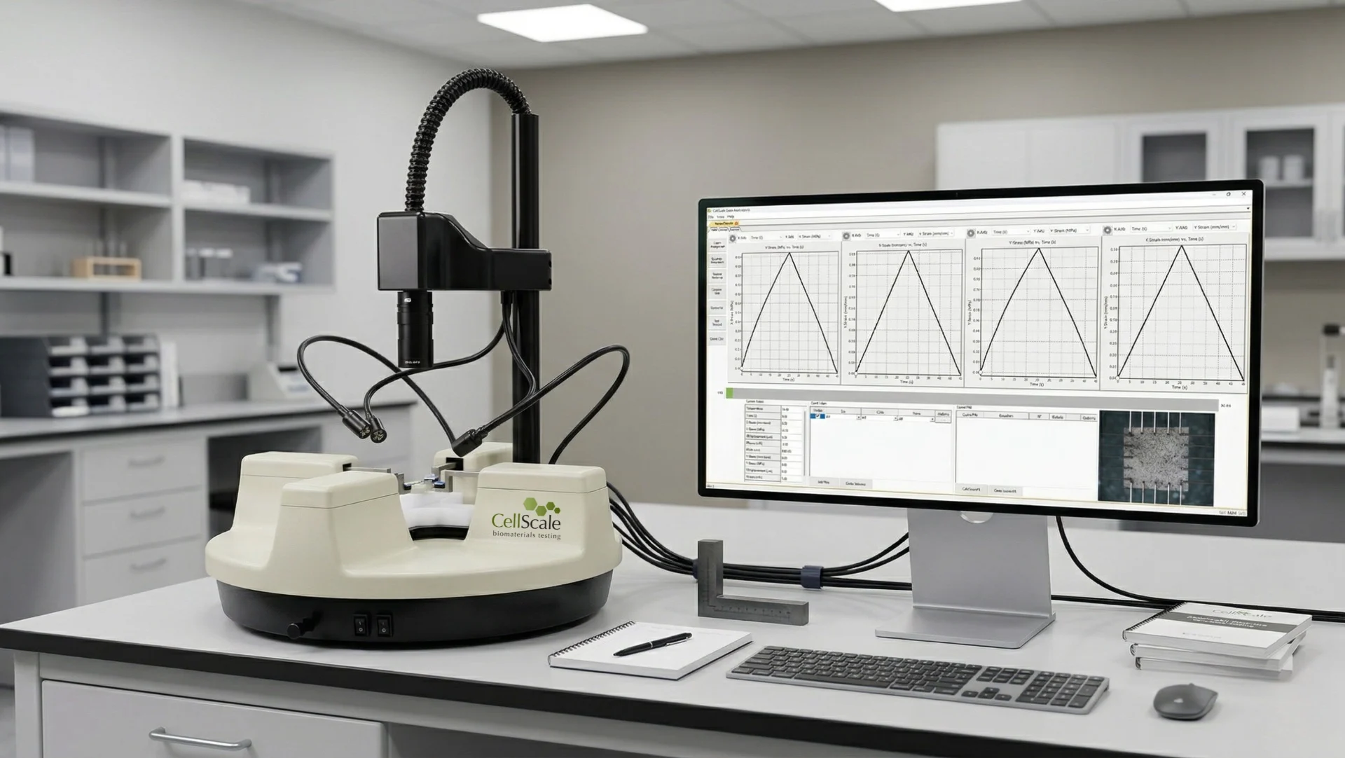 The BioTester 5000 on a benchtop with a test result open on the computer for technical product support