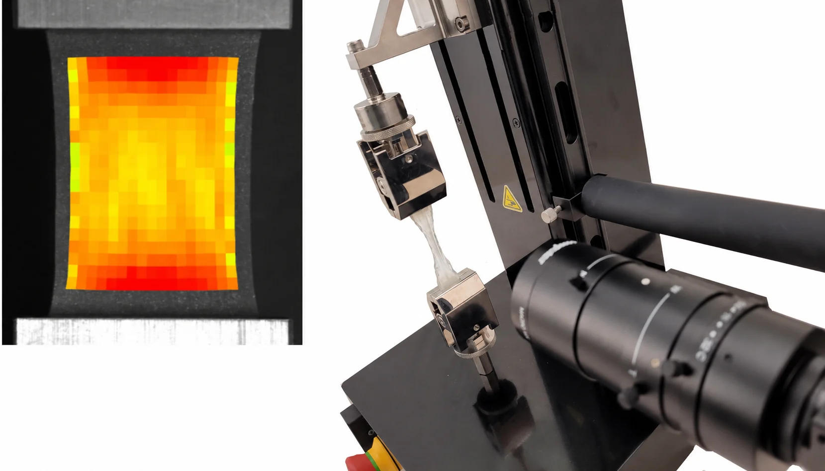 A sample corneal tissue being tensile tested on the UniVert, with DIC analysis for corneal biomechanics research