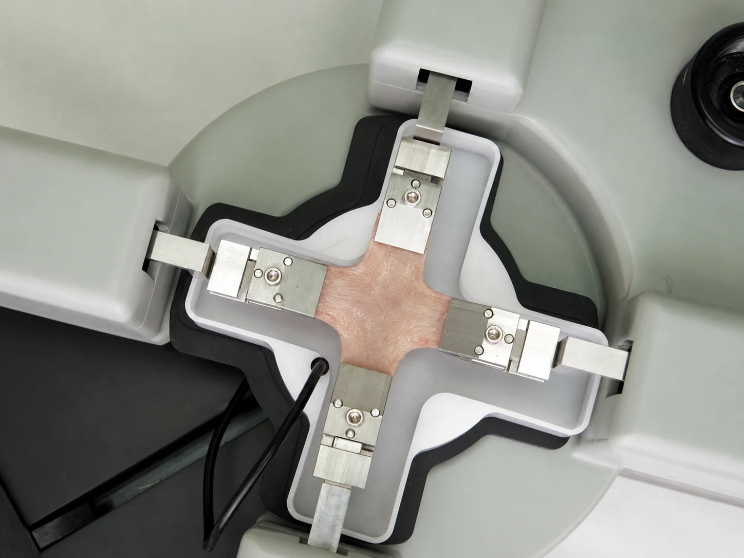 A skin sample being biaxially tested on the BioTester for skin biomechanics research
