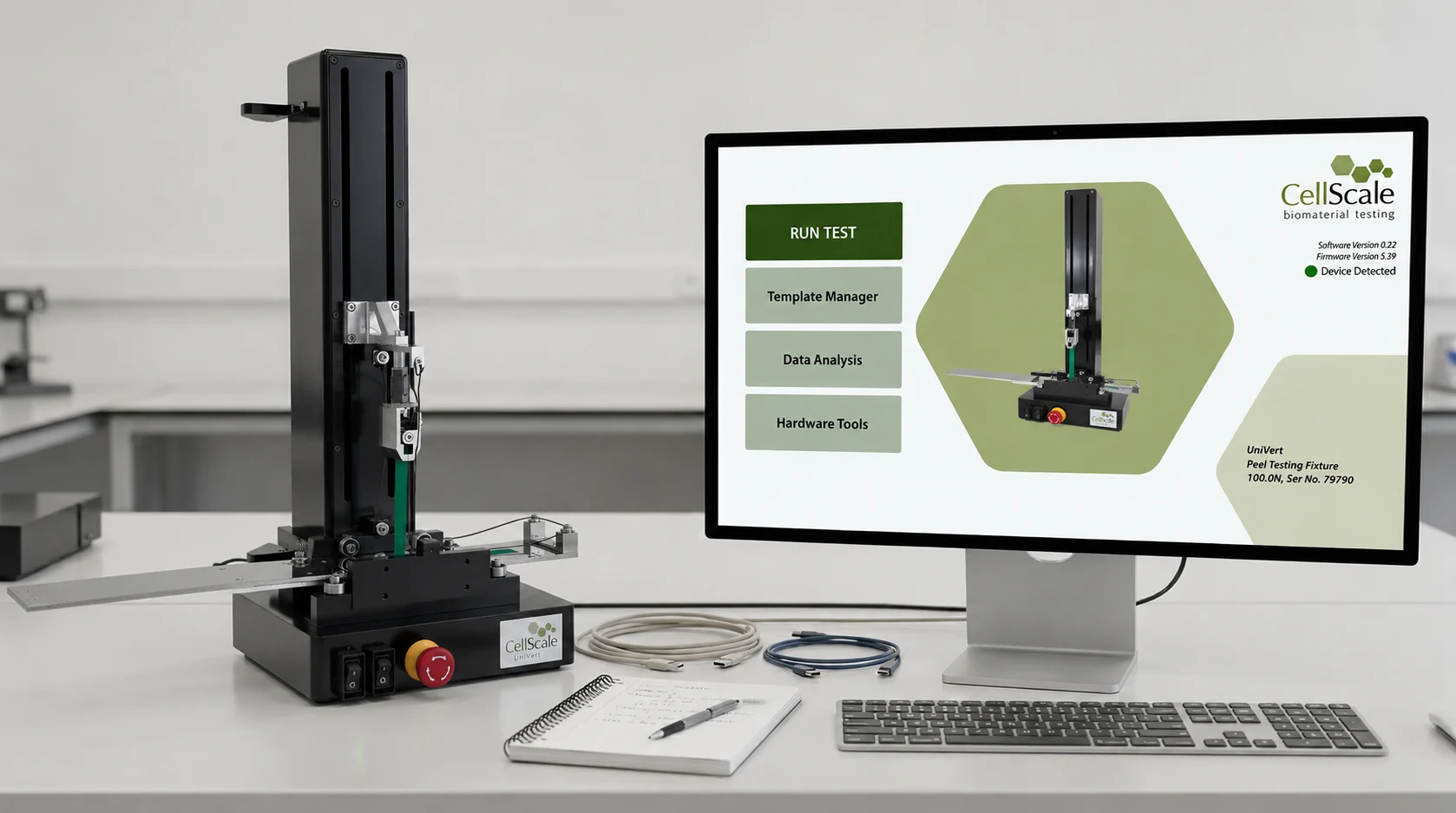 The UniVert setup with Peel Fixture and the LabJoy software open