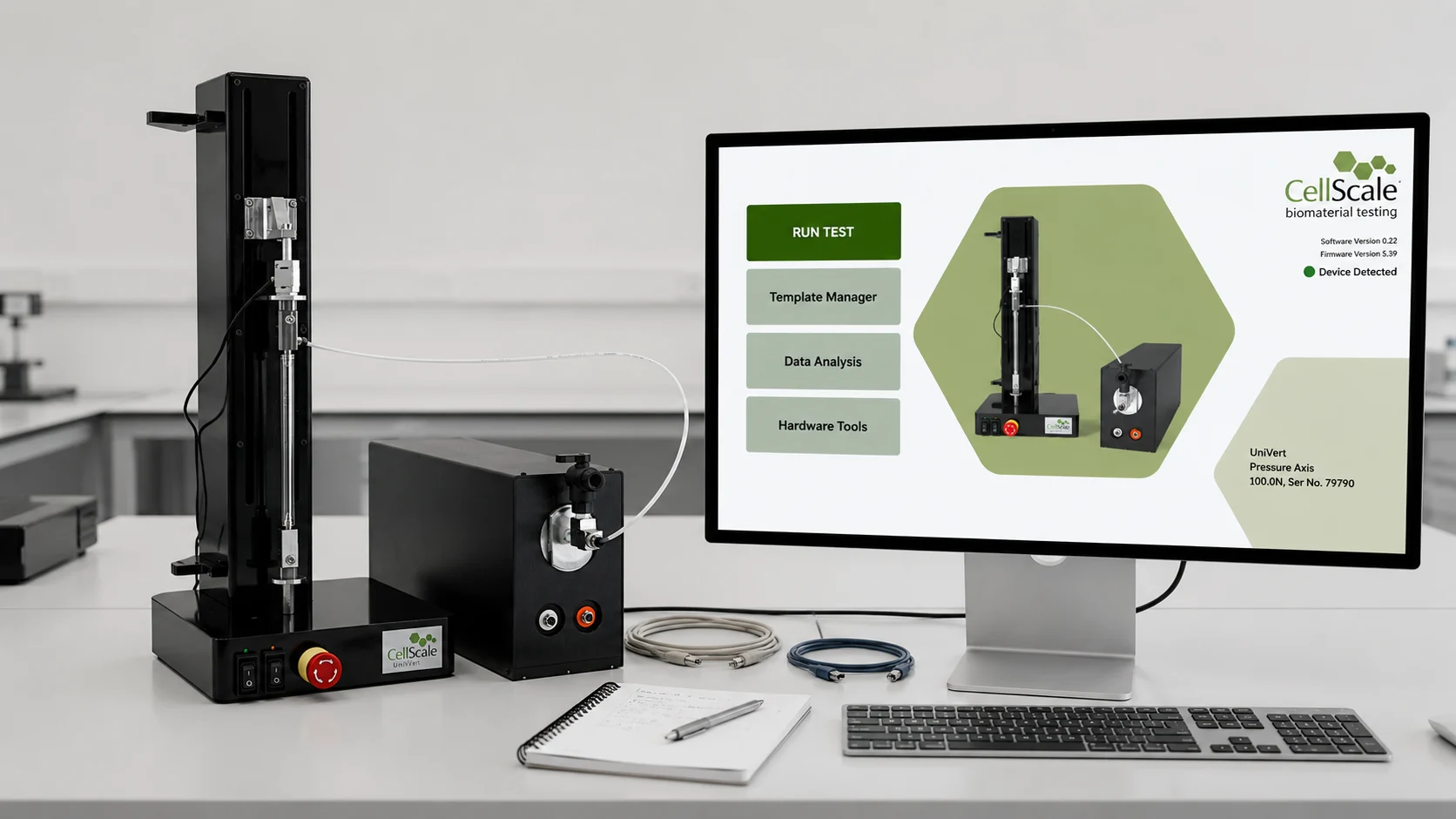 The UniVert setup with Pressure Fixture and the LabJoy software open