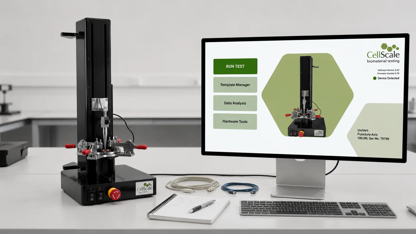 The UniVert setup for puncture testing, with the LabJoy software open on the connected PC