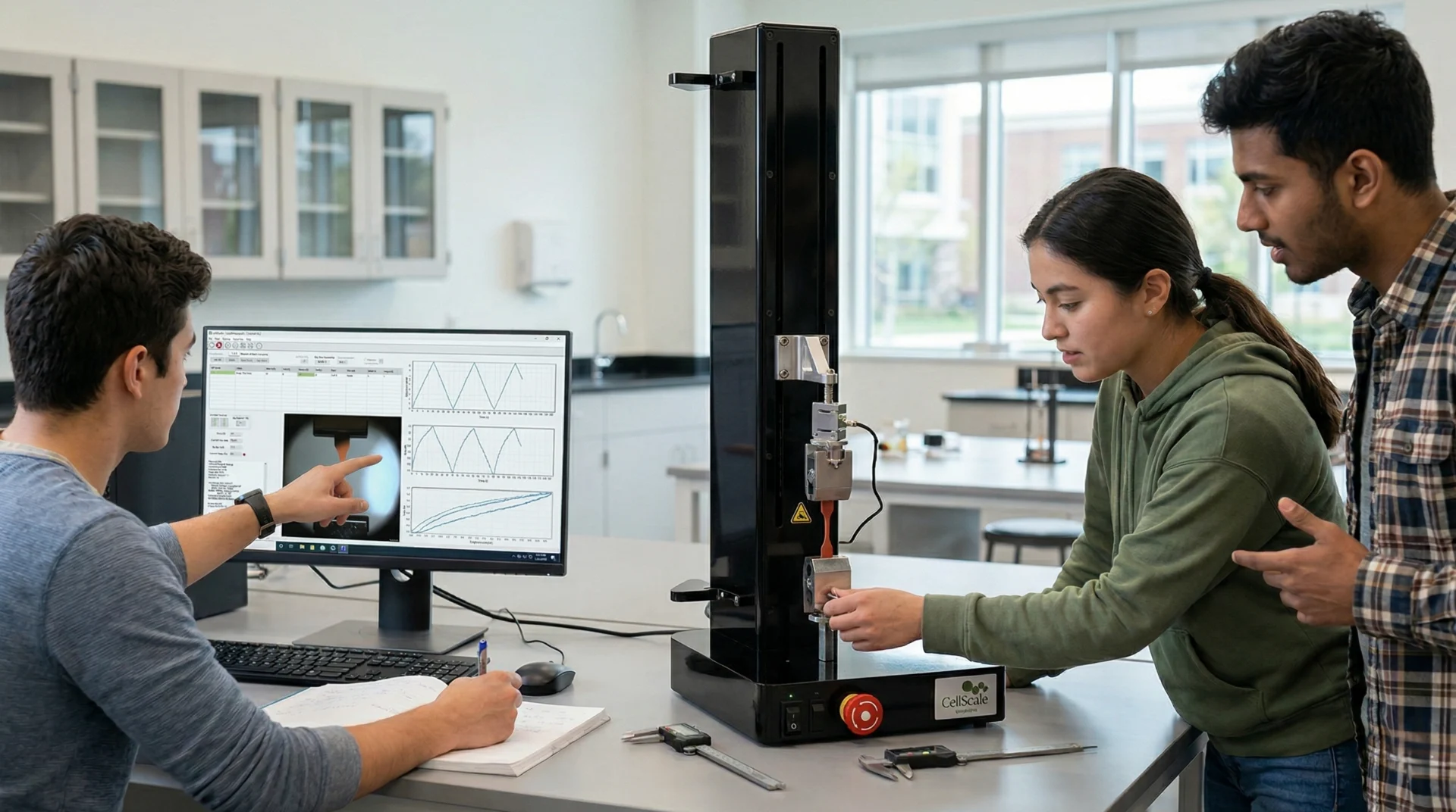 Undergrad students working with a UniVert made for tensile testing for teaching labs