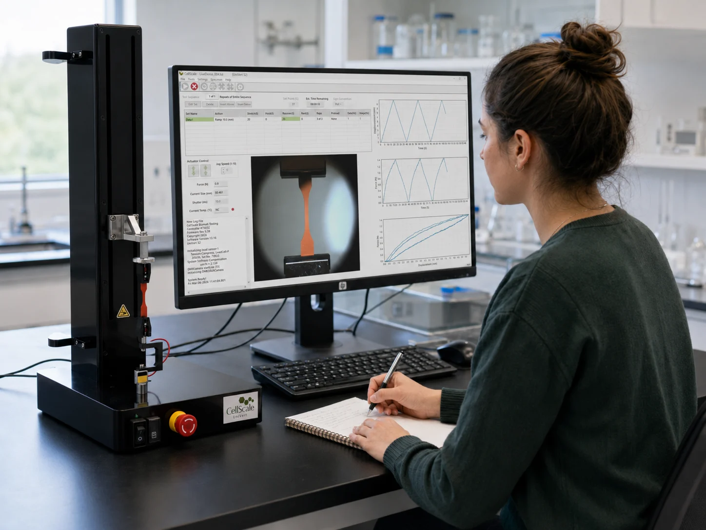 Grad student doing low force tensile testing with the UniVert