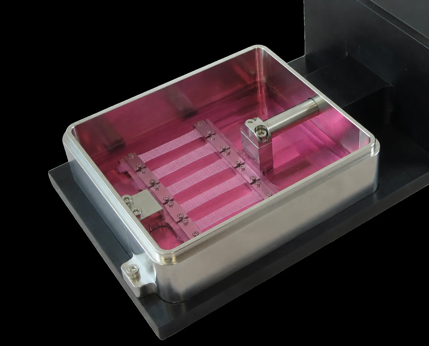 An MCT6 device with ECM membranes with stem cells embedded, loaded for tension stem cell mechanobiology research