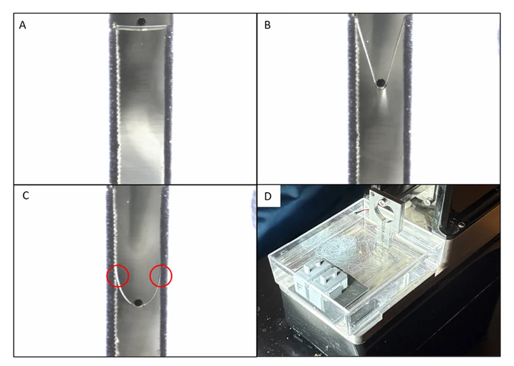 Hydrogel fibre mechanical testing progression showing a hydrated fibre mounted across support towers, deflected downward by a MicroTester beam, breaking during the test, and the CellScale MicroTester G2 bath setup used for submerged testing.