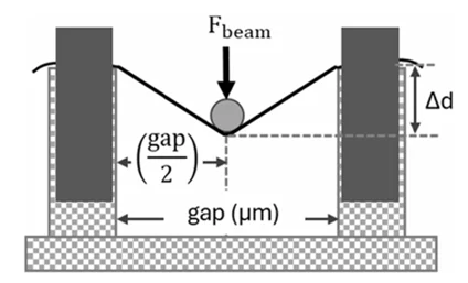 Diagram of a hydrogel fibre secured across a custom support gap with a MicroTester beam pressing downward in the centre, showing force, vertical displacement, and gap measurements used for mechanical testing calculations.