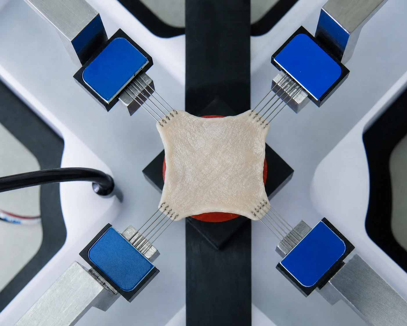 A pericardial patch sample being biaxially tested on the BioTester for heart valve material quantification