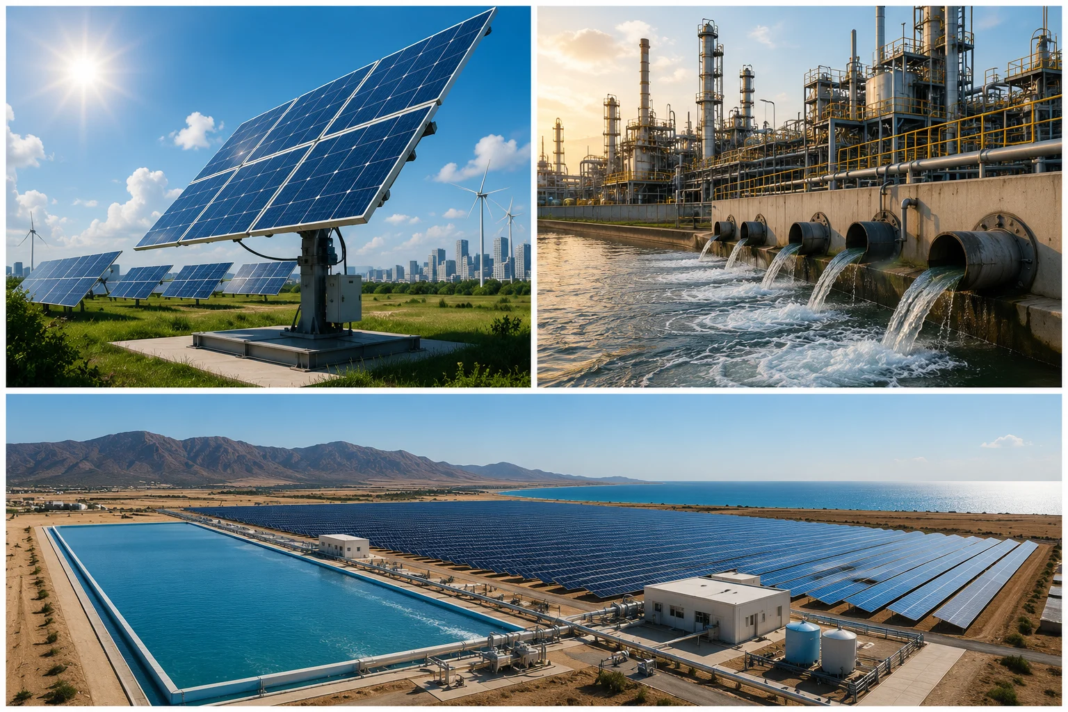 solar desalination panel with solar planes, industrial water flow, and hydro-solar-electric farms