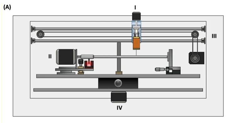 A diagram of a rotary 3D bioprinter. Symbols: I) Motor-controlled extruder, II) Motor-controlled mandrel, III) Motor-controlled z-axis, and IV) movable stage.