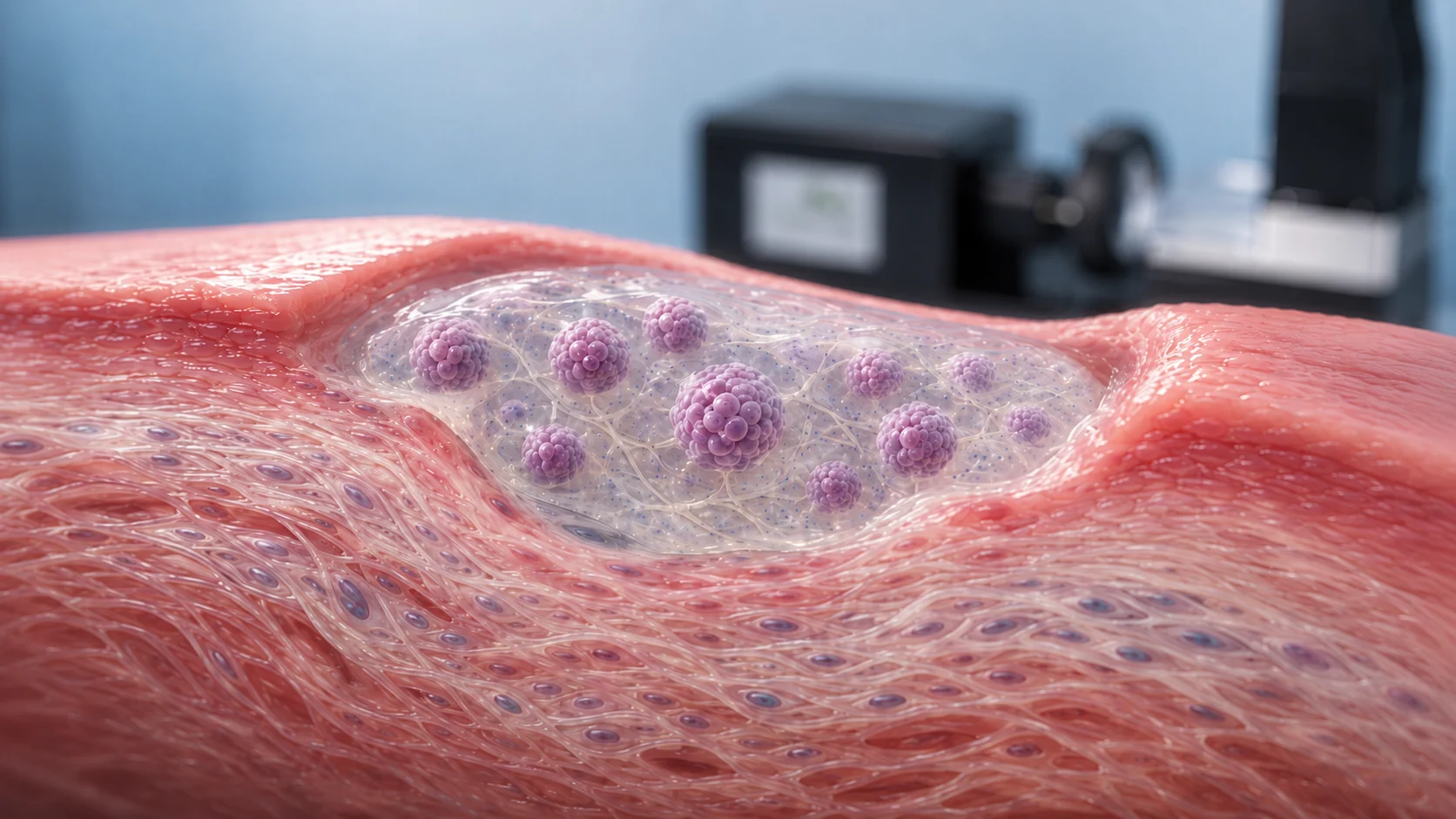 MSC spheroids embedded in a translucent PEG-fibrin hydrogel within soft vocal fold-like tissue, with a blurred CellScale MicroTester in the background.