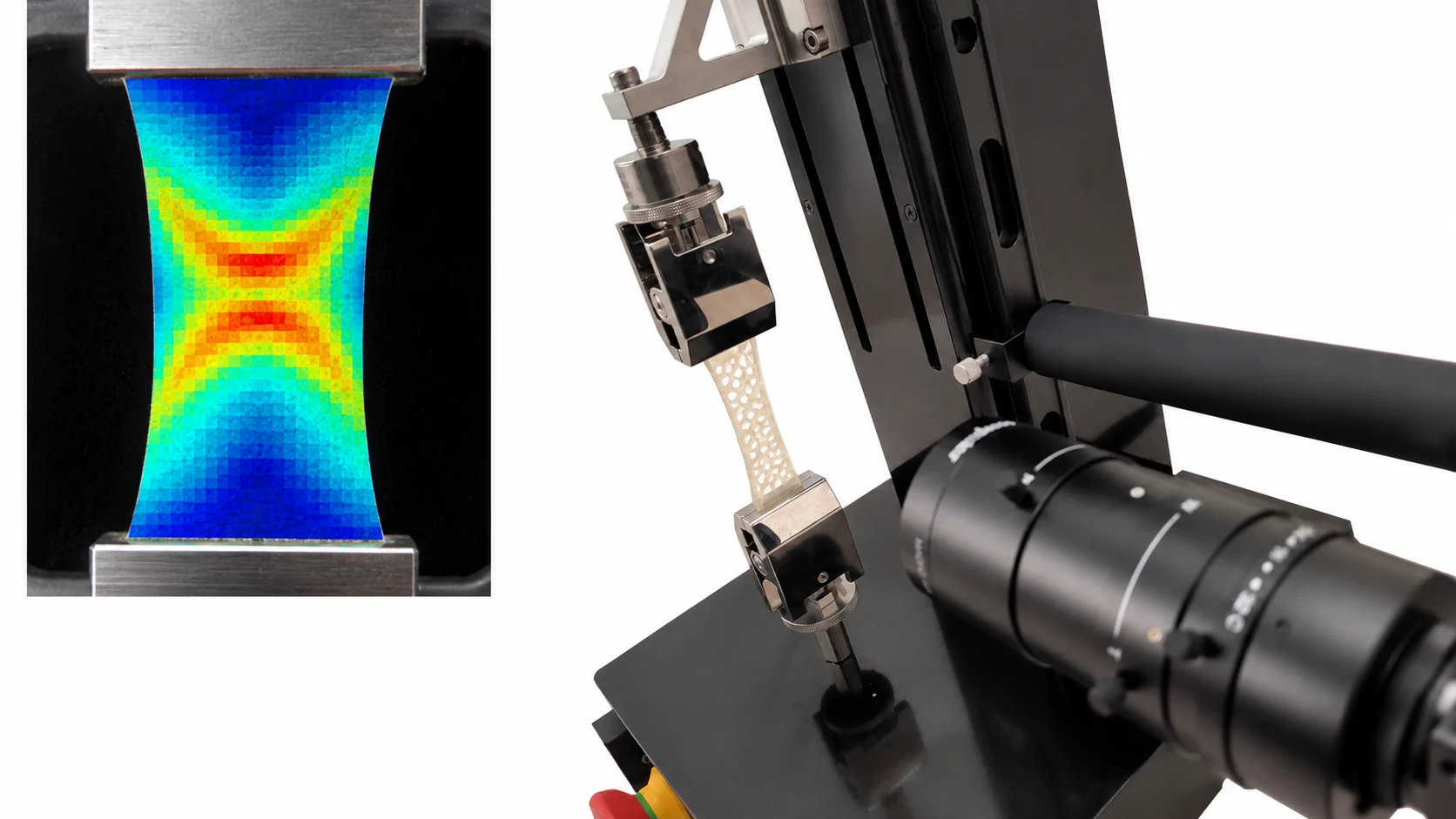 UniVert hydrogel tensile testing setup with camera imaging and a digital image correlation strain map showing localized deformation.