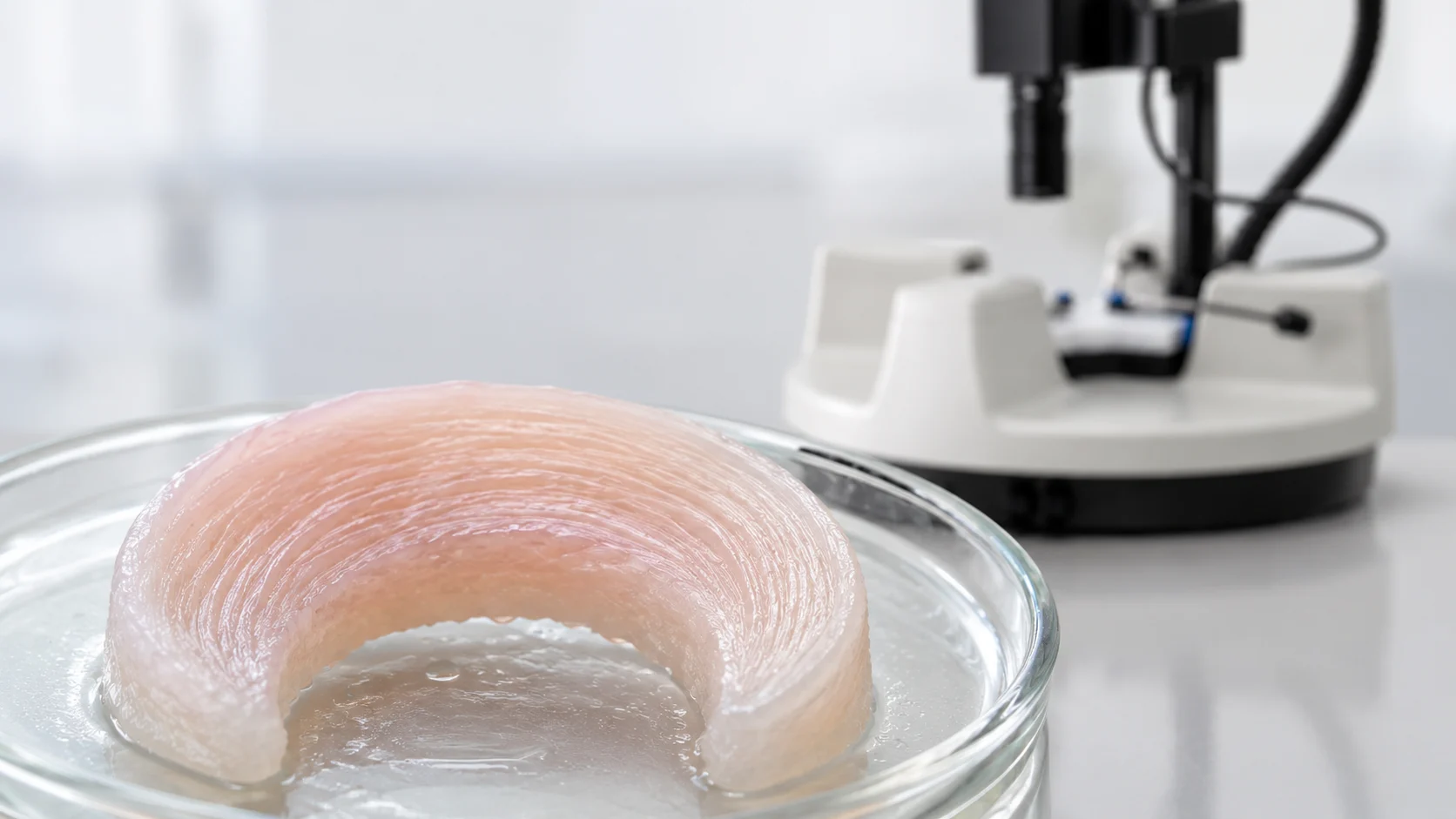 Bioprinted meniscus tissue engineering construct with curved collagen-like alignment patterns in the foreground and a softly blurred CellScale BioTester in the background.