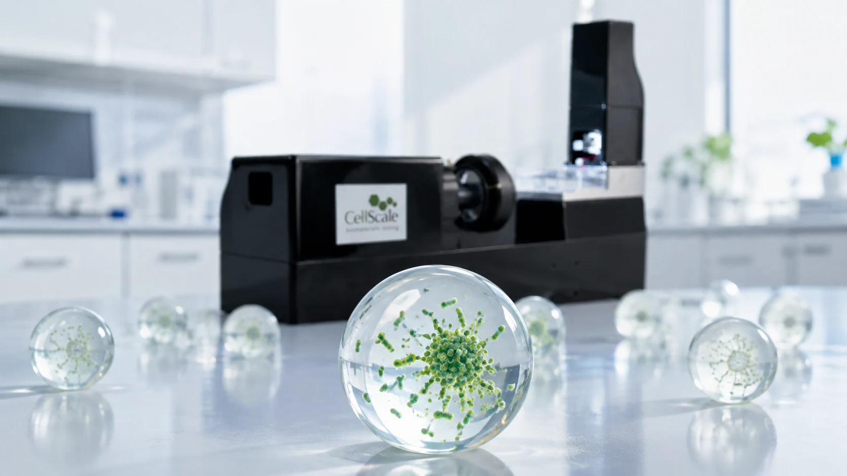 CellScale MicroTester in the background behind transparent hydrogel microbeads on a lab bench, with a foreground microbead showing green bacterial colonies to illustrate hydrogel stiffness and bacterial growth.