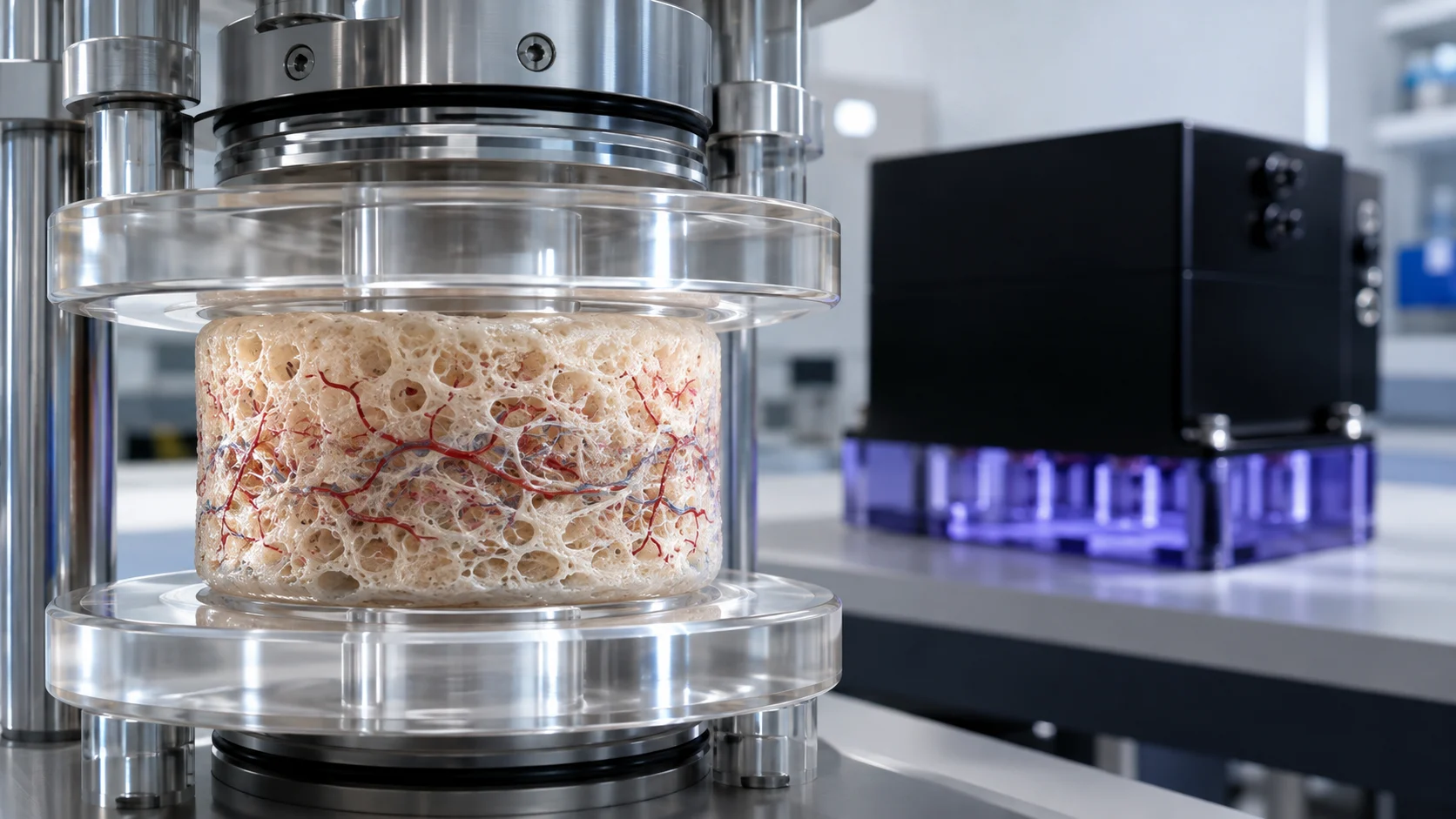 Mechanical loading of a vascularized bone organoid under compression with the MechanoCulture TX in the background.