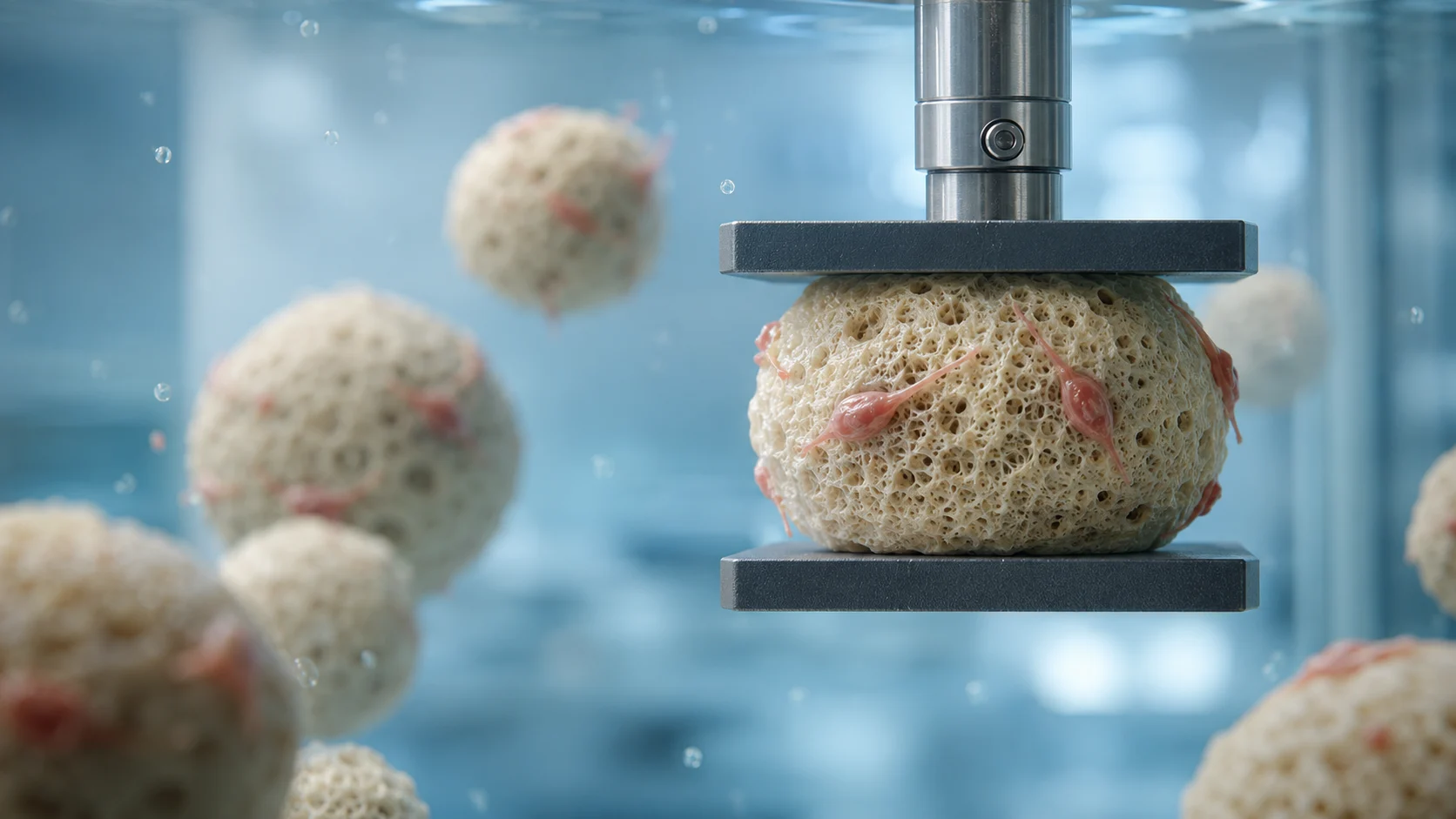Soy protein microcarriers for cultivated meat with bovine muscle cells, including one particle undergoing parallel-plate compression testing.