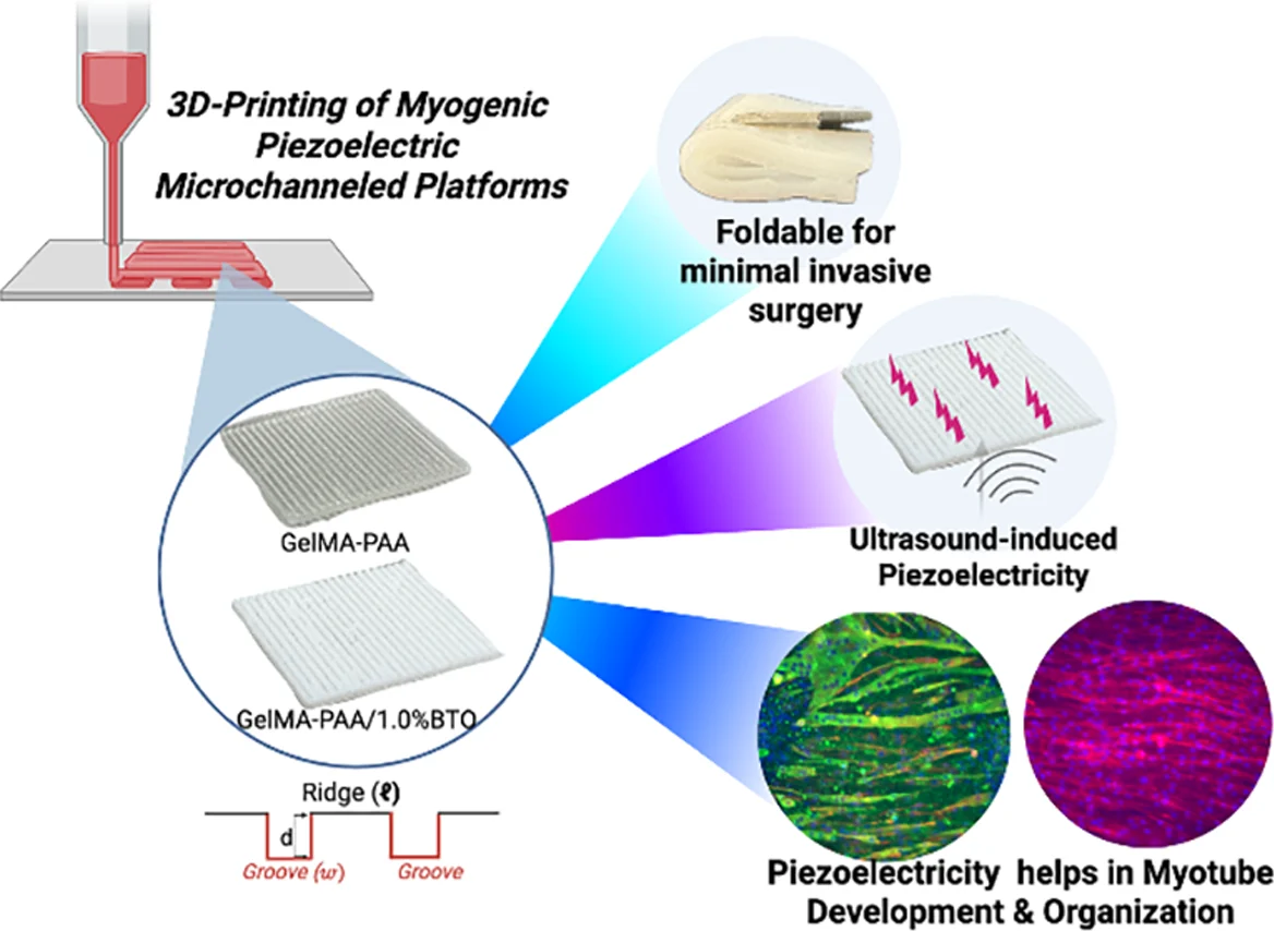 3D-printed piezoelectric hydrogel for skeletal muscle tissue engineering with microchannels, ultrasound activation, and aligned myotubes.