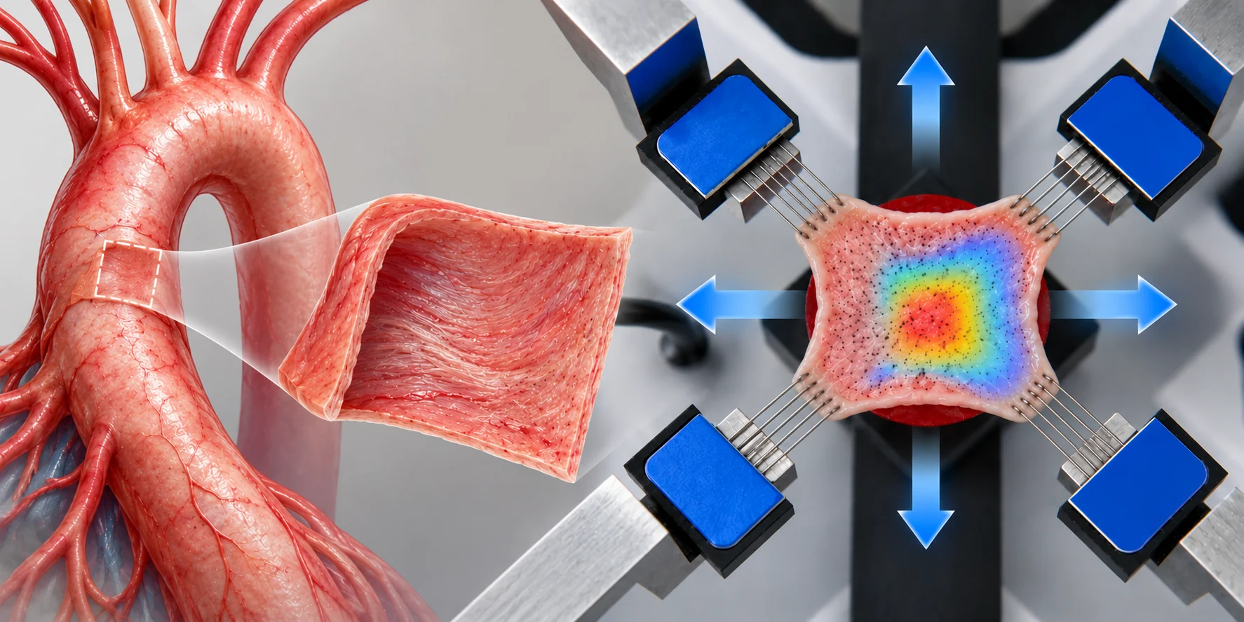 Aortic tissue sample undergoing biaxial testing with four BioRakes, showing circumferential and longitudinal loading and a DIC strain map.